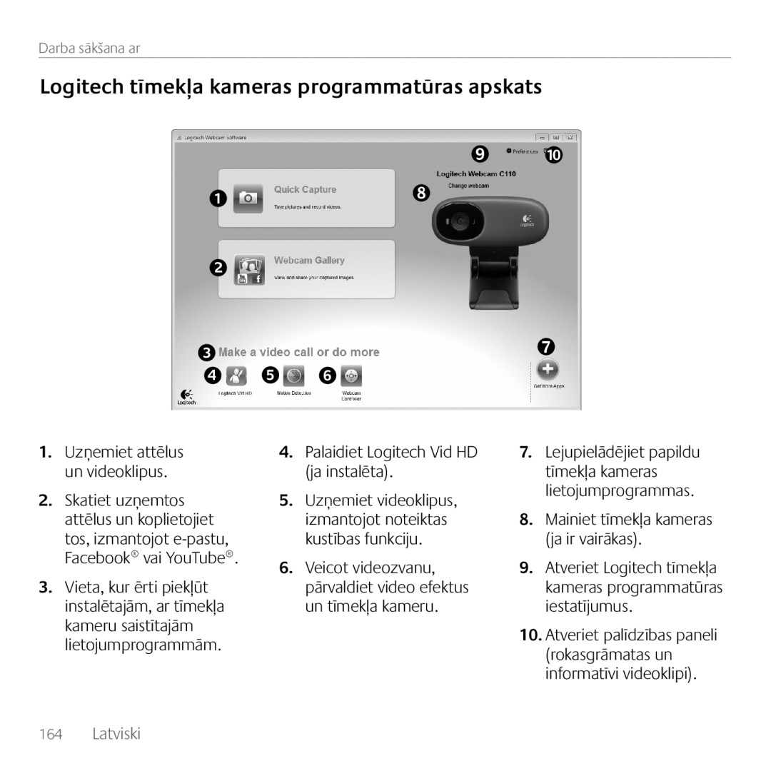Logitech C170 manual Logitech tīmekļa kameras programmatūras apskats, Latviski 